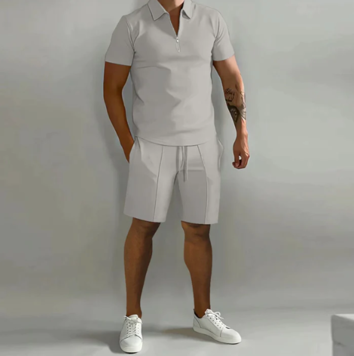 Men's sports set polo with zip and shorts summer style - Dario-Light grey-S-The Livary