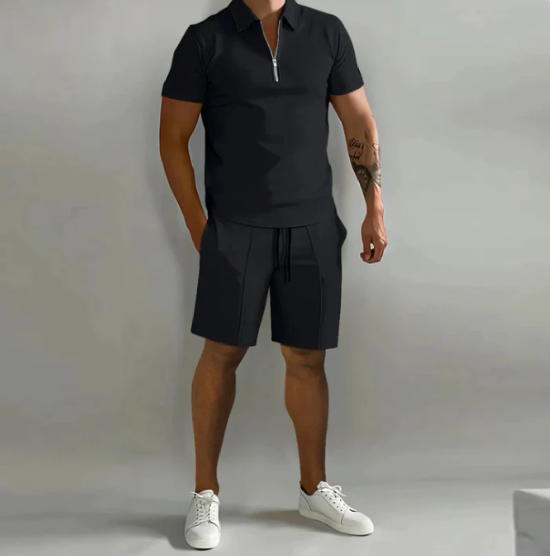 Men's sports set polo with zip and shorts summer style - Dario-Black-S-The Livary
