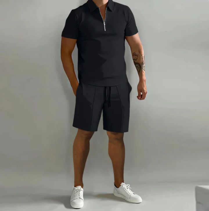 Men's sports set polo with zip and shorts summer style - Dario-Black-S-The Livary