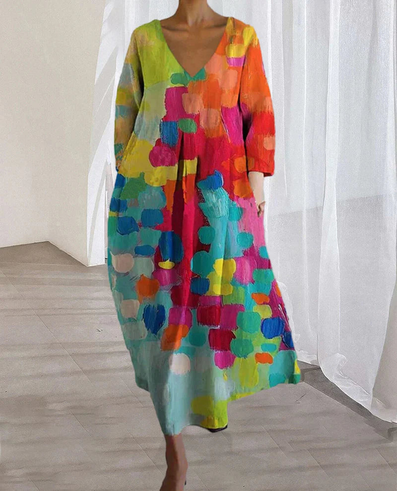 Colourful Printed Dress with V-Neck - Kim-S-The Livary