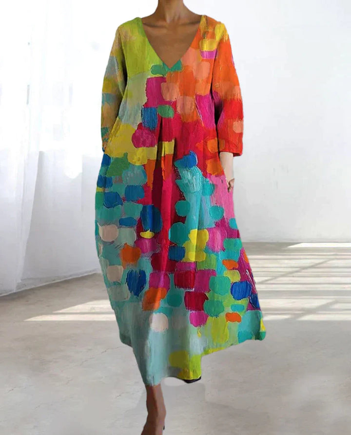 Colourful Printed Dress with V-Neck - Kim-S-The Livary