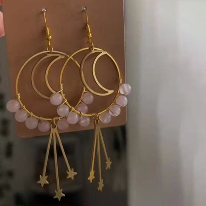 Natural Crystal Moon Stars Earrings - Elara-Rose quartz-The Livary