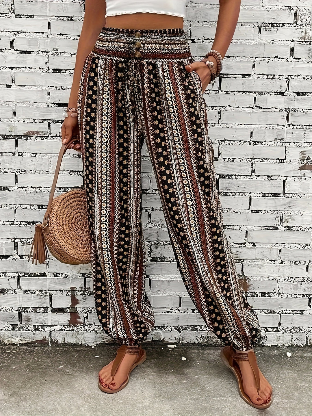 Boho High-Waist Women's Trousers with Print & Smocked Waistband – Linara-Dark brown-S-The Livary