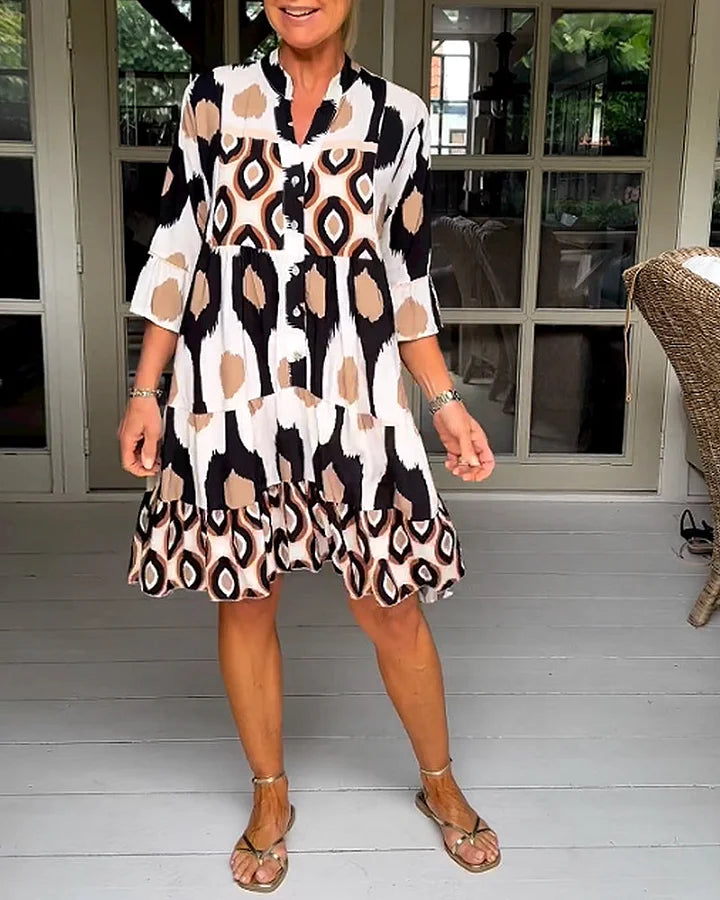 Trendy short-sleeved dress with abstract print & loose fit – Liora-Brown-S-The Livary
