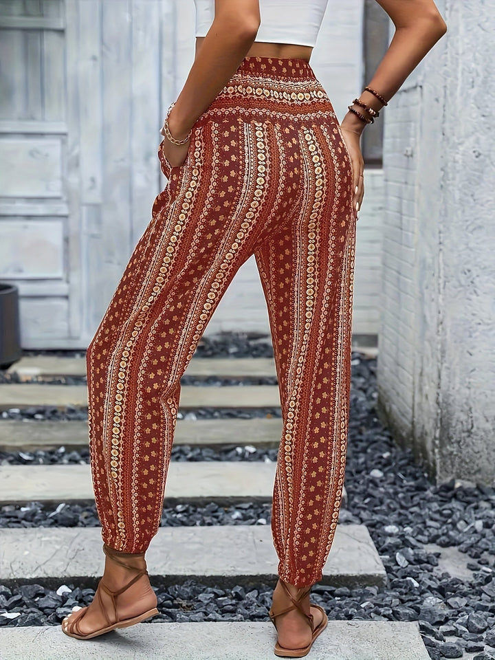 Boho High-Waist Women's Trousers with Print & Smocked Waistband – Linara-Dark brown-S-The Livary