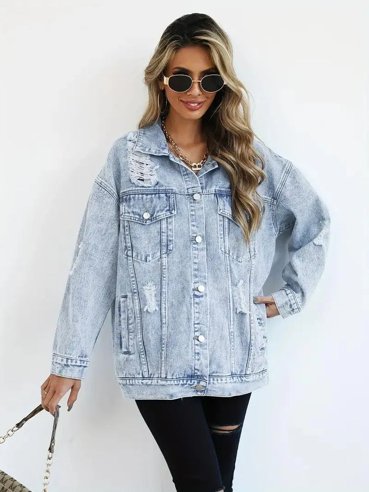 Waterproof & Lined Oversized Women's Denim Jacket with Hood – Talia-Blue-S-The Livary