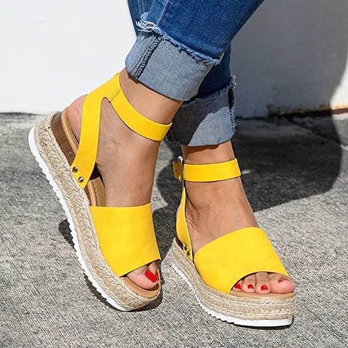 Ladies' wedge espadrille sandals with strap - Livia-Yellow-3-The Livary