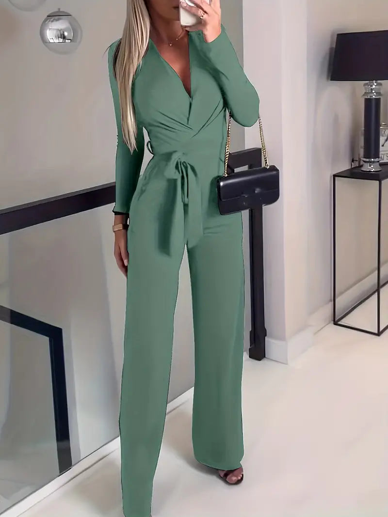 Wide-leg jumpsuit with belt and V-neck - Elise-Green-S-The Livary