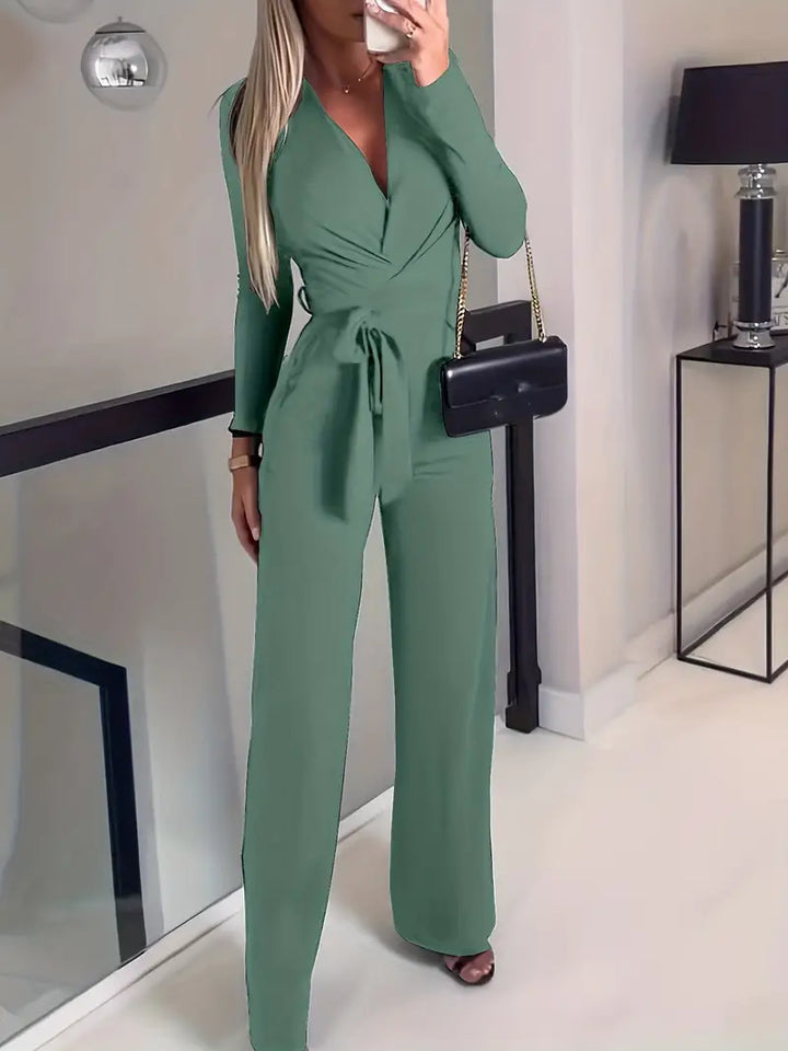 Wide-leg jumpsuit with belt and V-neck - Elise-Green-S-The Livary