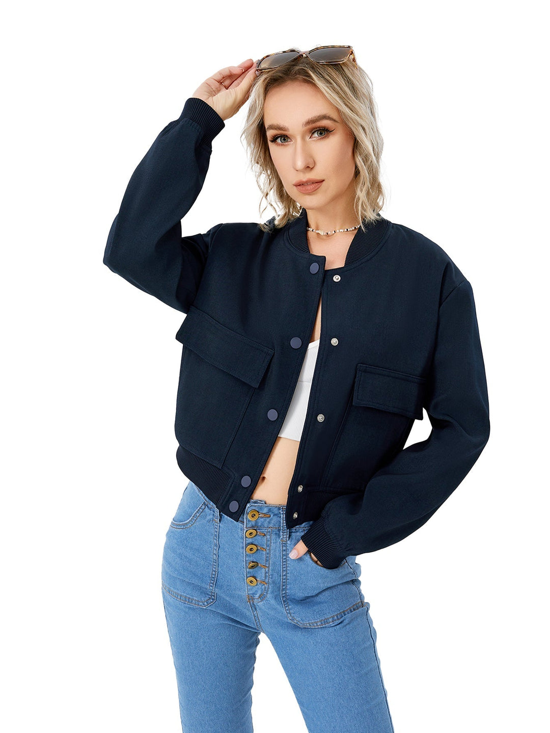 Light women's bomber jacket with button closure – Mira-Dark blue-S-The Livary