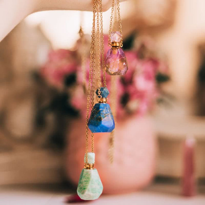 Crystal Perfume Bottle Necklace - Iris-Rose quartz-The Livary