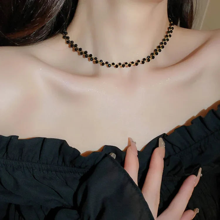 Double Crystals and Pearls Necklace - Amira-Black Crystal-The Livary