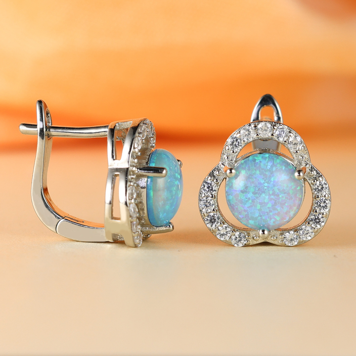 White Opal & Zircon Clover Leaf Earrings - Elara-Blue Opal and Rose Gold-The Livary