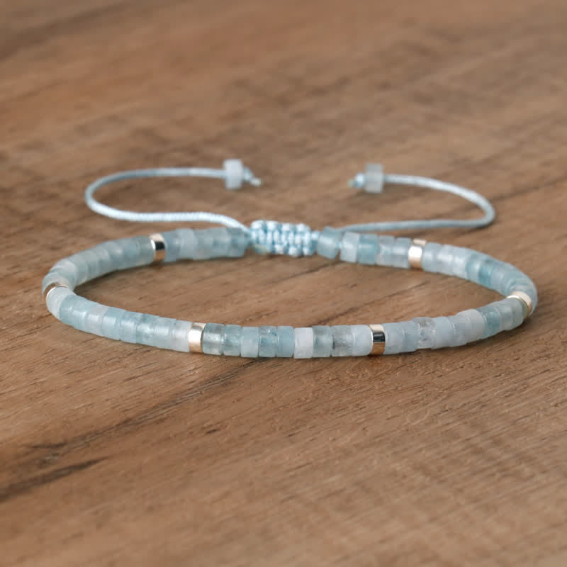 Braided Bracelet with 2.4 mm Natural Stone Rollers - Seraphina-Aquamarine-The Livary