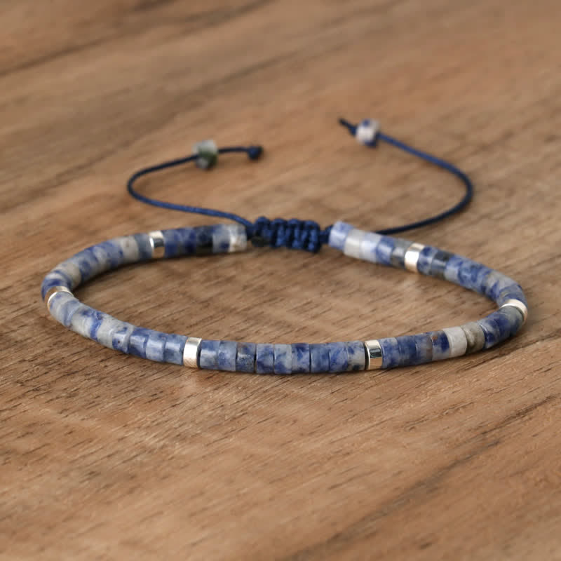 Braided Bracelet with 2.4 mm Natural Stone Rollers - Seraphina-Blue spotted jasper-The Livary