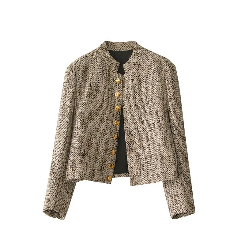 Khaki Vest with Long Sleeves and Button Closure - Elara-S-The Livary