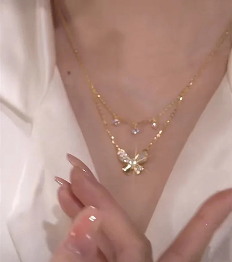 Double-layered Zirconia and Mother-of-pearl Butterfly Necklace - Elayna-The Livary