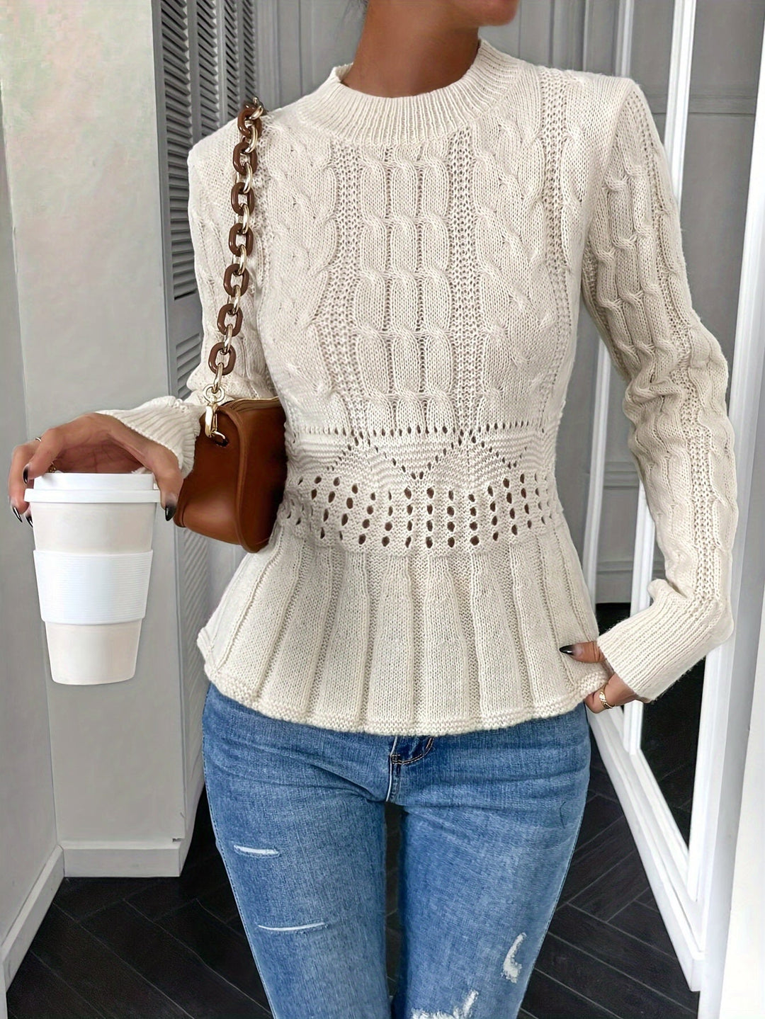 Chunky Cable Knit Sweater with Round Neck - Elena-Beige-S-The Livary