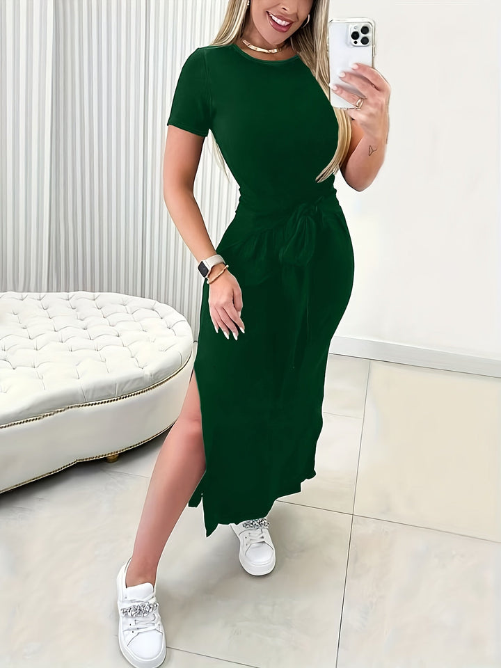 Trendy midi dress with a waist belt for women - summer cut-White-S-The Livary