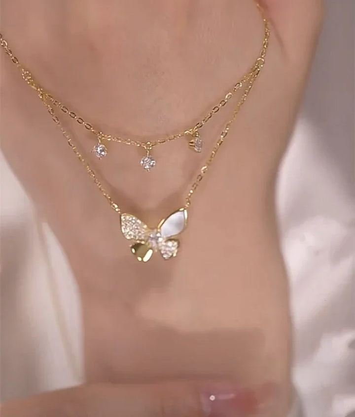 Double-layered Zirconia and Mother-of-pearl Butterfly Necklace - Elayna-The Livary