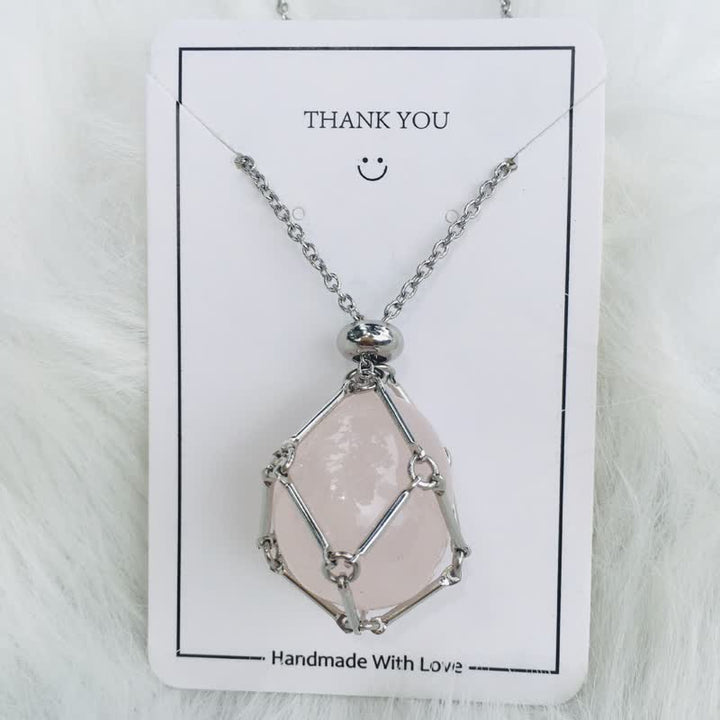 Small Natural Crystal Stone Bracelet Necklace - Iris-Rose quartz-Silver-The Livary