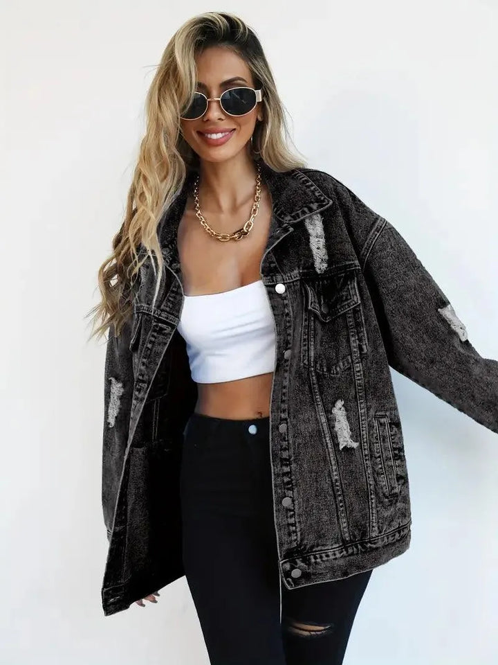 Waterproof & Lined Oversized Women's Denim Jacket with Hood – Talia-Blue-S-The Livary