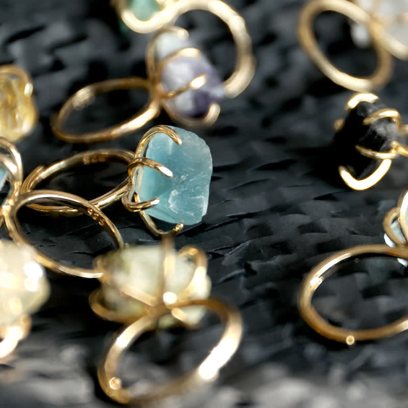Six Claw Natural Crystal Adjustable Ring - Liora-Fluorite-Gold-The Livary