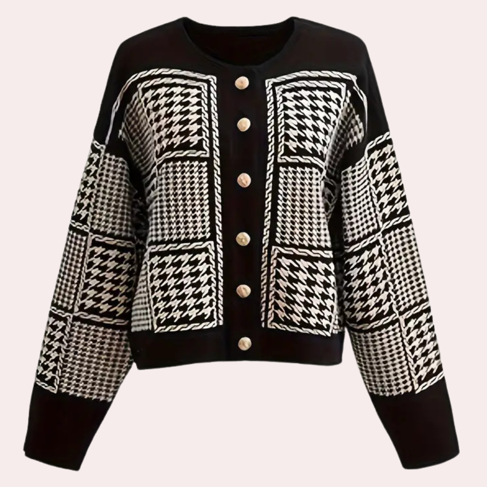 Black Women's Cardigan with Houndstooth Pattern - Isolde-XS-The Livary