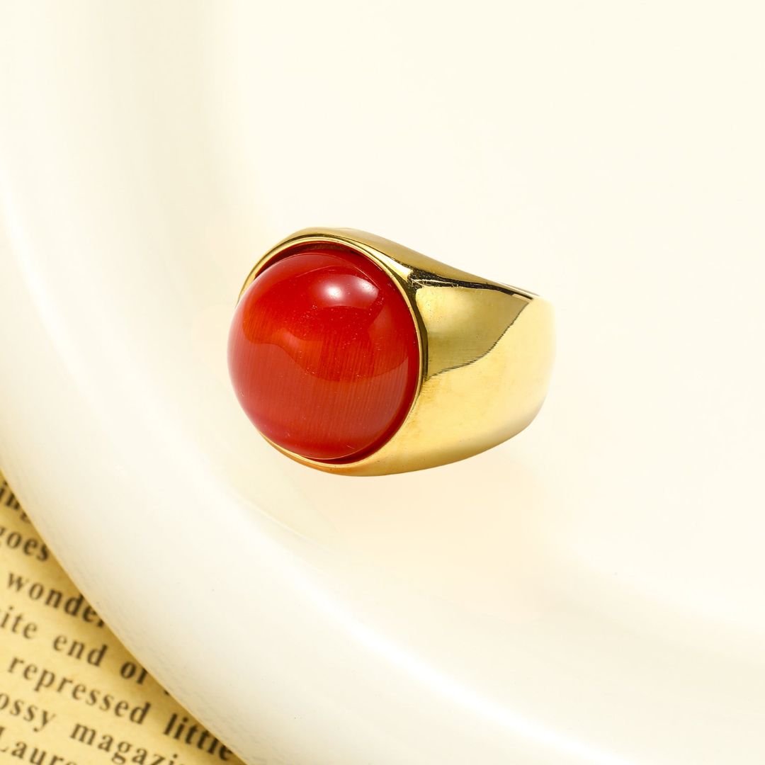 Large Cat's Eye Gemstone Ring - Liora-Red Coral-2.13 in-The Livary