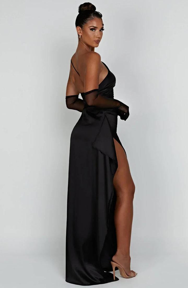 Stylish Satin Dress with Pleats and Shoulder Detail - Selene-Red-XS-The Livary
