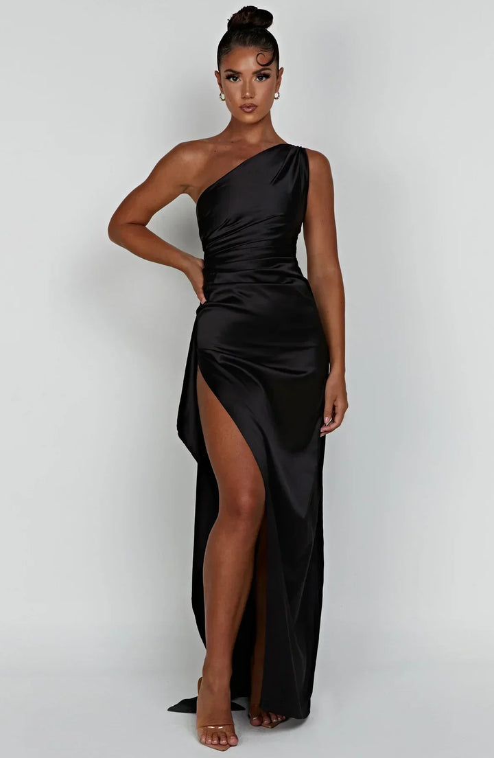 Stylish Satin Dress with Pleats and Shoulder Detail - Selene-Red-XS-The Livary