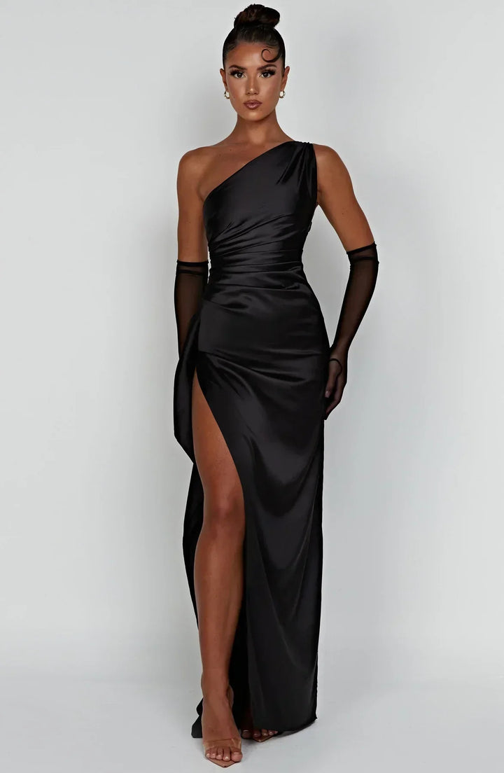 Stylish Satin Dress with Pleats and Shoulder Detail - Selene-Black-XS-The Livary