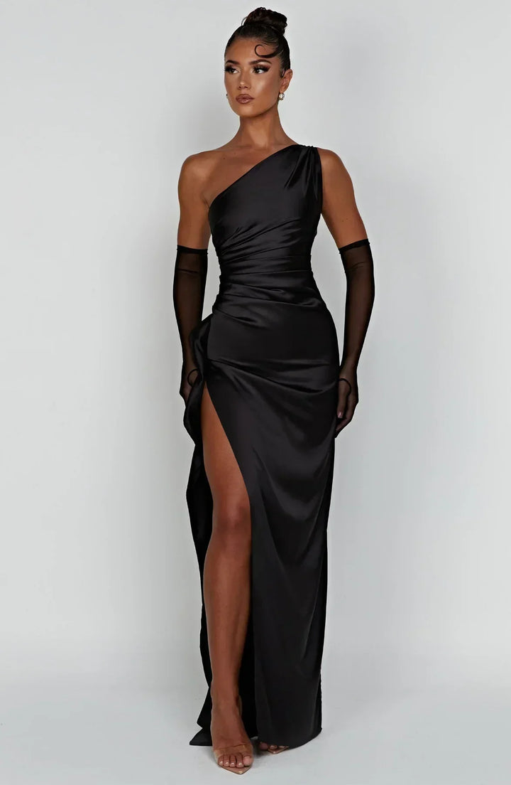 Stylish Satin Dress with Pleats and Shoulder Detail - Selene-Red-XS-The Livary