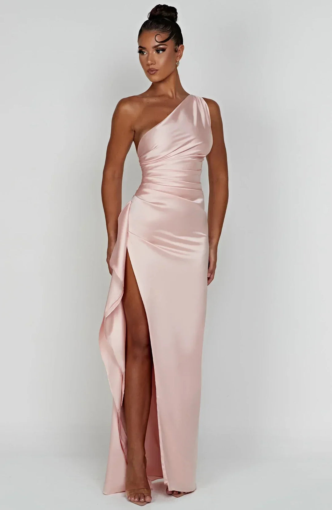 Stylish Satin Dress with Pleats and Shoulder Detail - Selene-Red-XS-The Livary