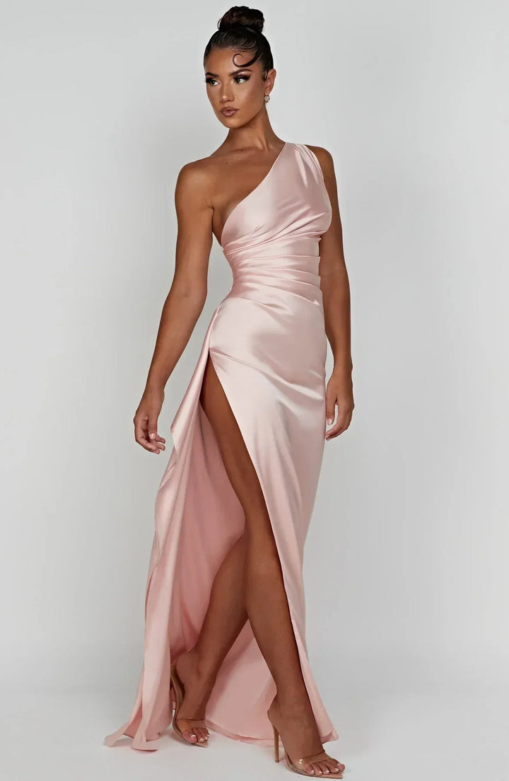 Stylish Satin Dress with Pleats and Shoulder Detail - Selene-Red-XS-The Livary