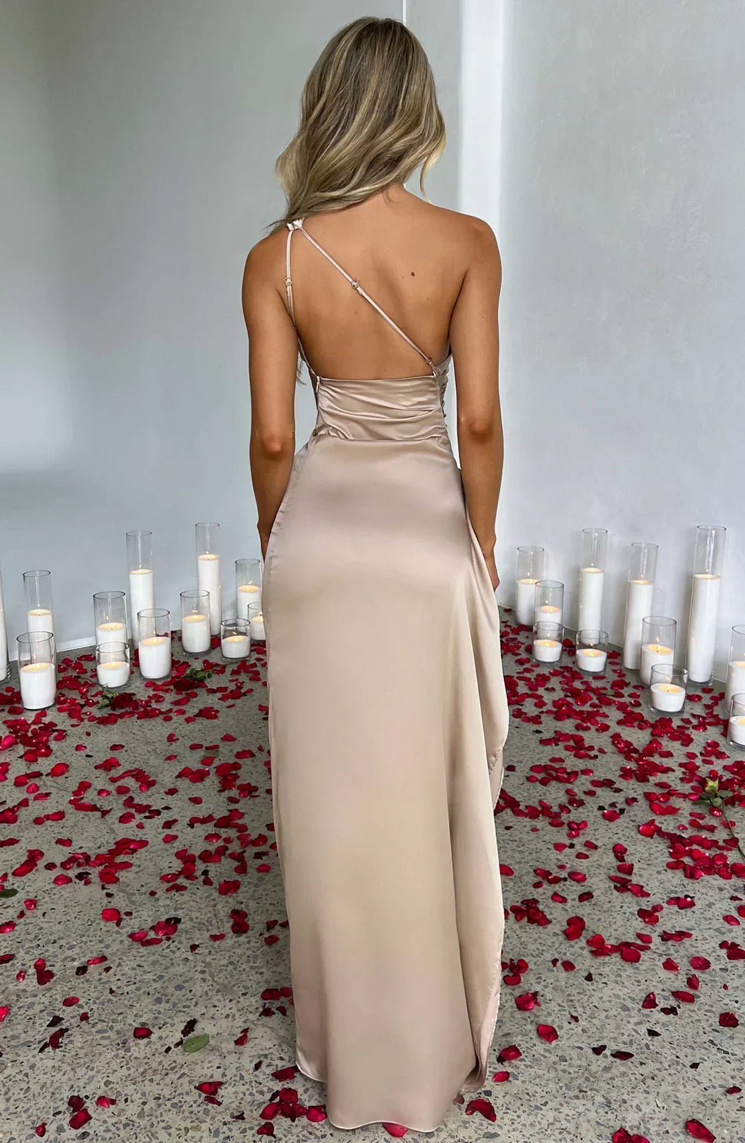 Stylish Satin Dress with Pleats and Shoulder Detail - Selene-Red-XS-The Livary