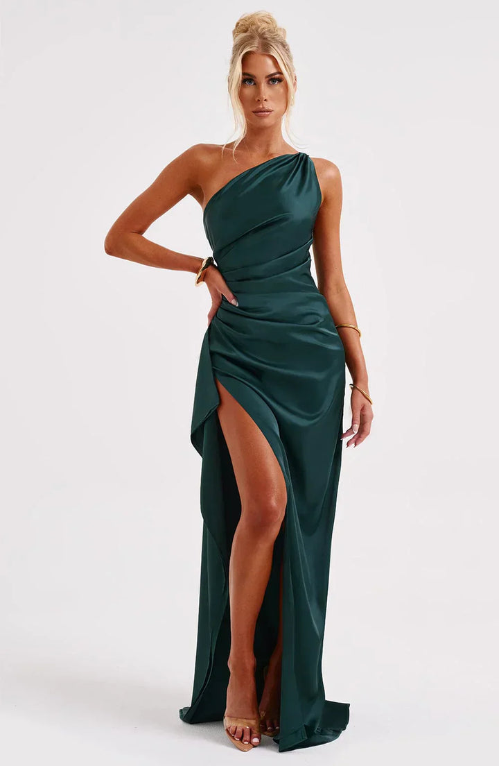 Stylish Satin Dress with Pleats and Shoulder Detail - Selene-Red-XS-The Livary