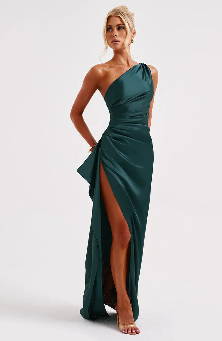 Stylish Satin Dress with Pleats and Shoulder Detail - Selene-Red-XS-The Livary