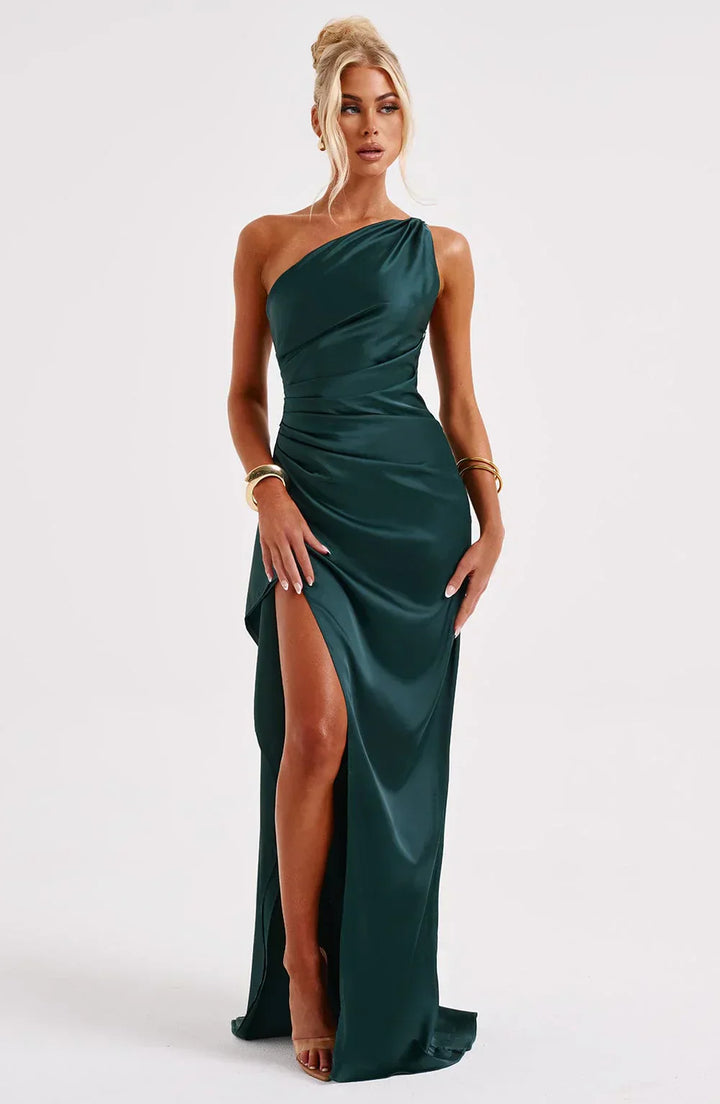 Stylish Satin Dress with Pleats and Shoulder Detail - Selene-Red-XS-The Livary