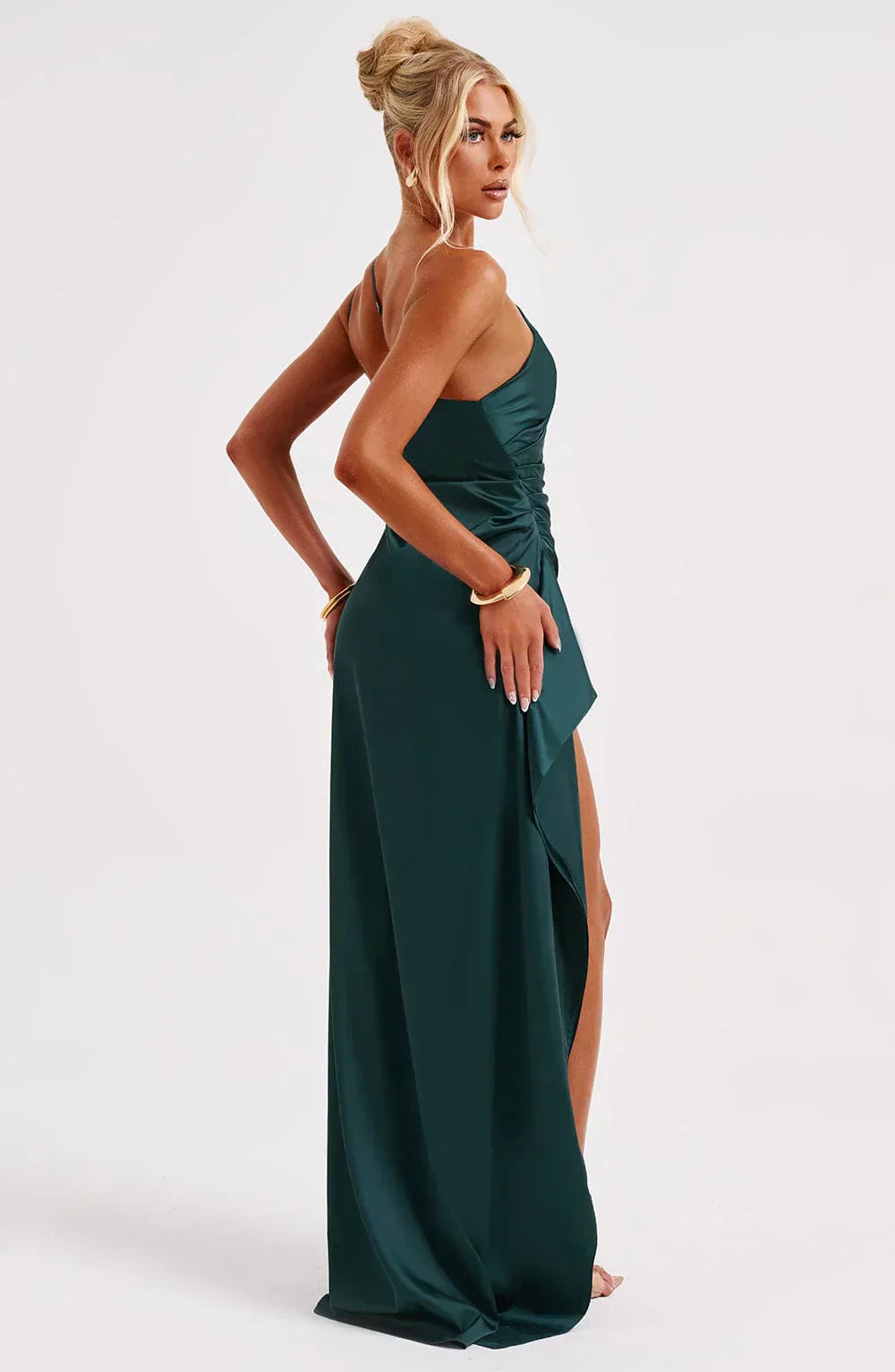 Stylish Satin Dress with Pleats and Shoulder Detail - Selene-Red-XS-The Livary