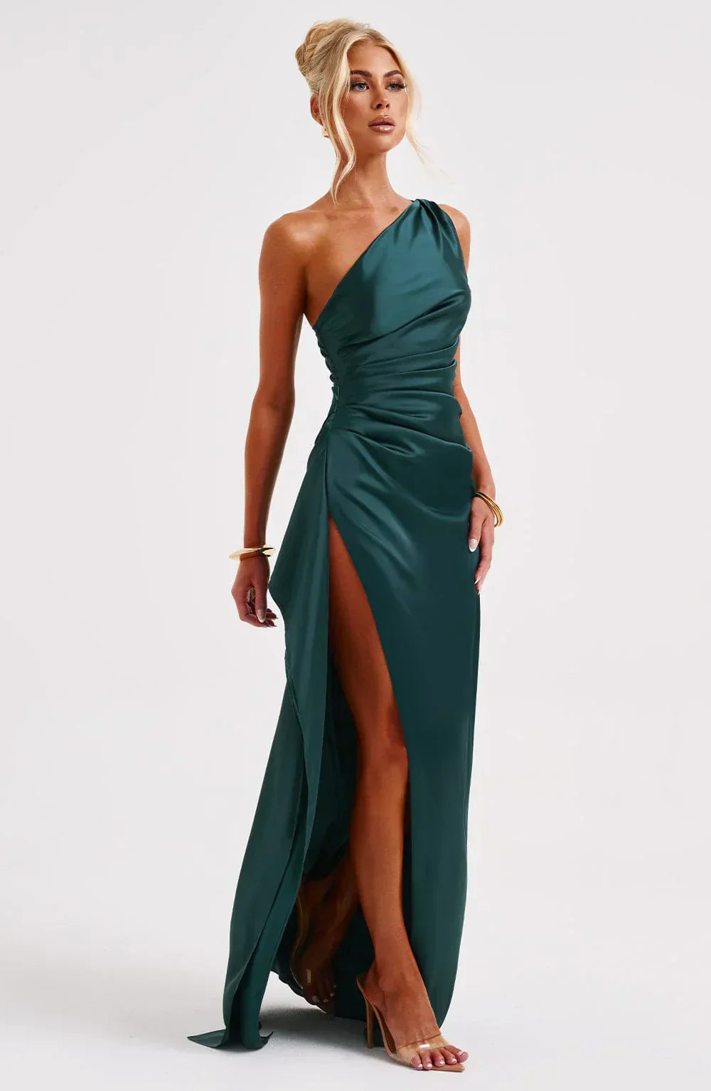 Stylish Satin Dress with Pleats and Shoulder Detail - Selene-Red-XS-The Livary