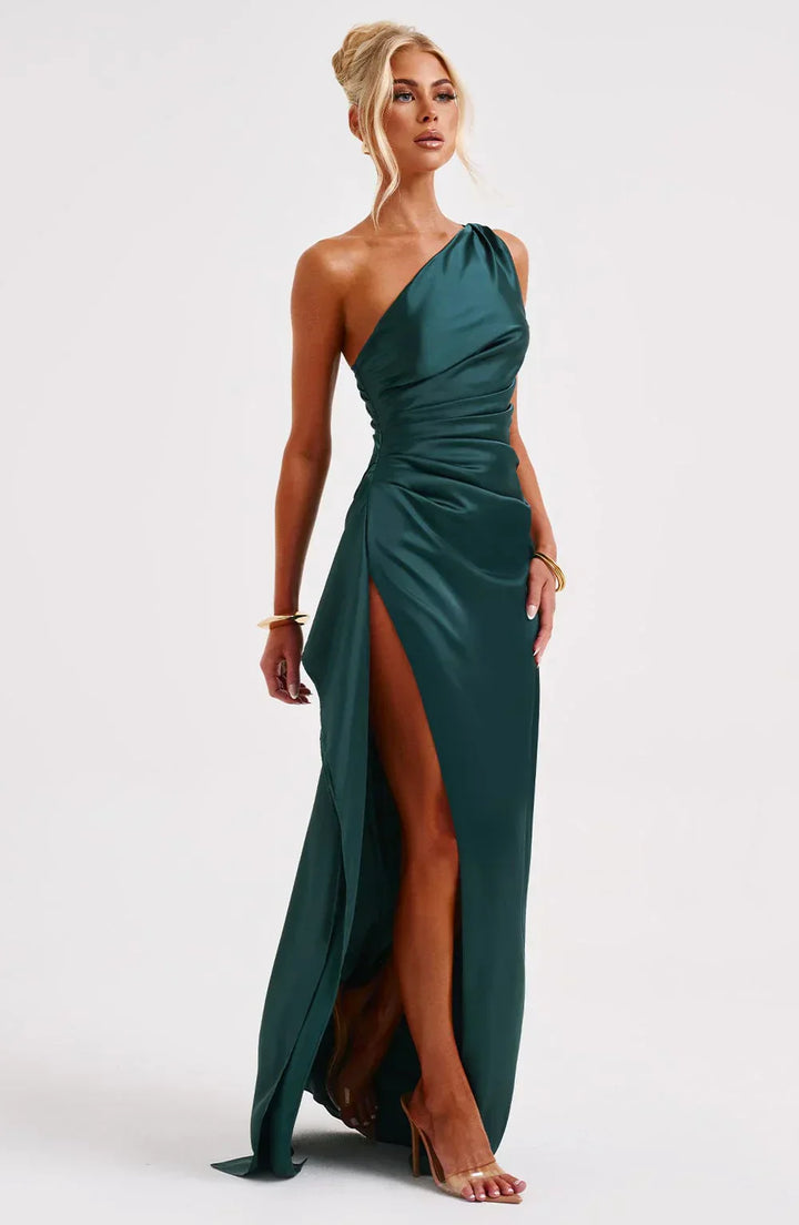 Stylish Satin Dress with Pleats and Shoulder Detail - Selene-Red-XS-The Livary