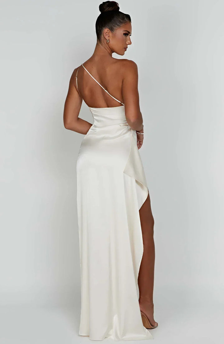 Stylish Satin Dress with Pleats and Shoulder Detail - Selene-Red-XS-The Livary