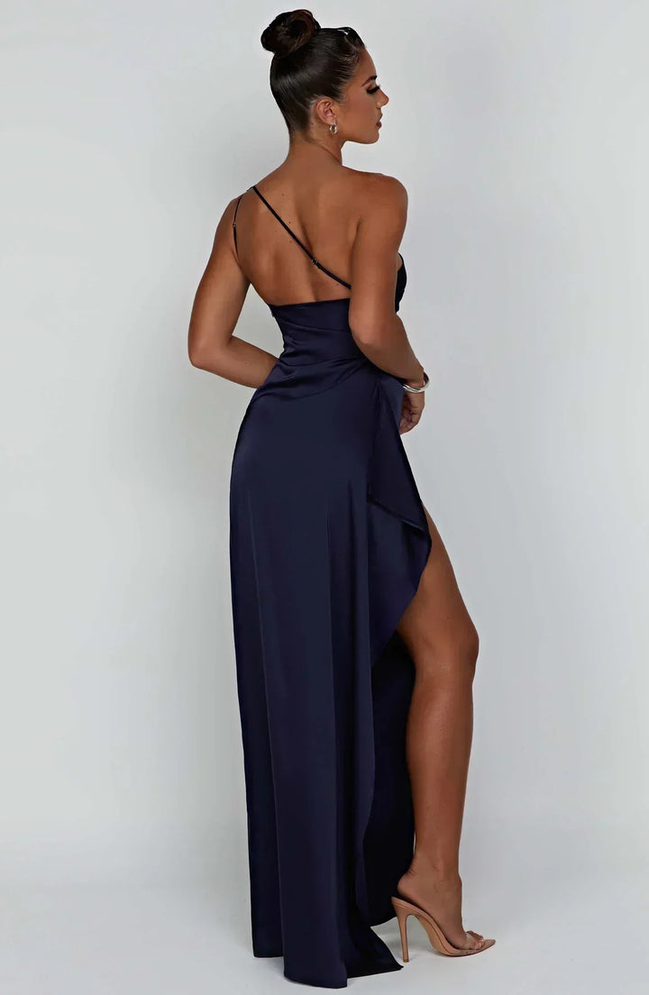 Stylish Satin Dress with Pleats and Shoulder Detail - Selene-Red-XS-The Livary