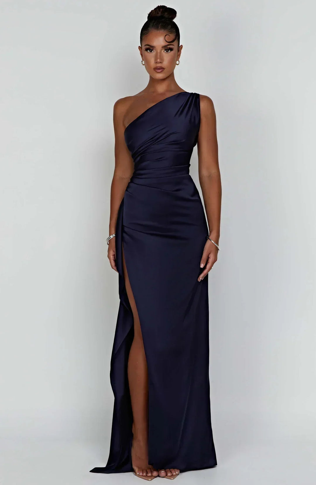 Stylish Satin Dress with Pleats and Shoulder Detail - Selene-Red-XS-The Livary