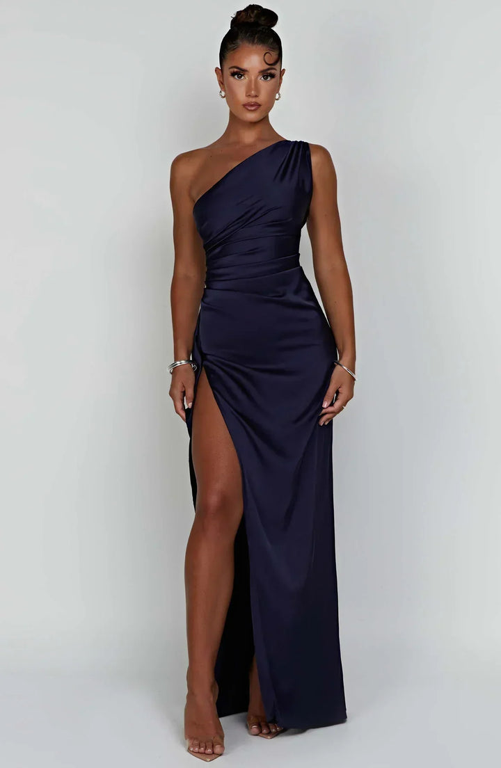 Stylish Satin Dress with Pleats and Shoulder Detail - Selene-Red-XS-The Livary