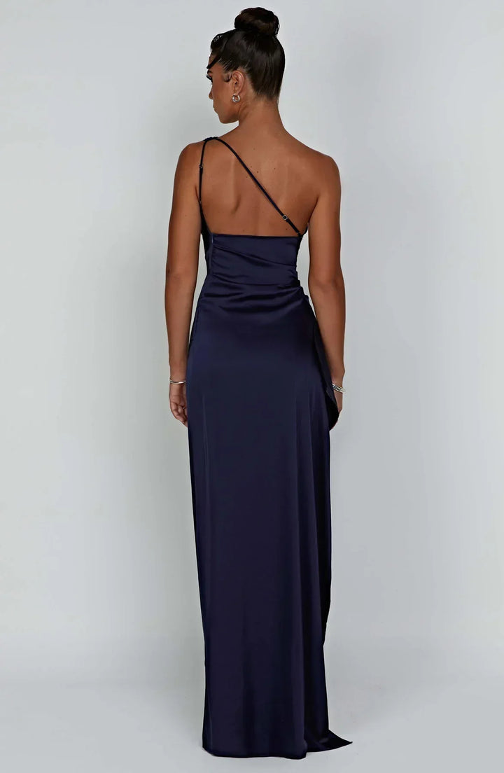 Stylish Satin Dress with Pleats and Shoulder Detail - Selene-Red-XS-The Livary
