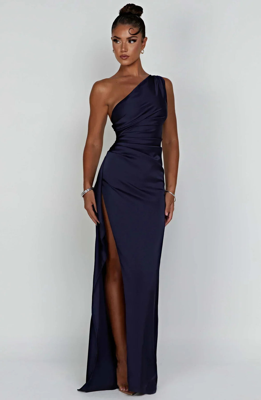 Stylish Satin Dress with Pleats and Shoulder Detail - Selene-Marine blue-XS-The Livary