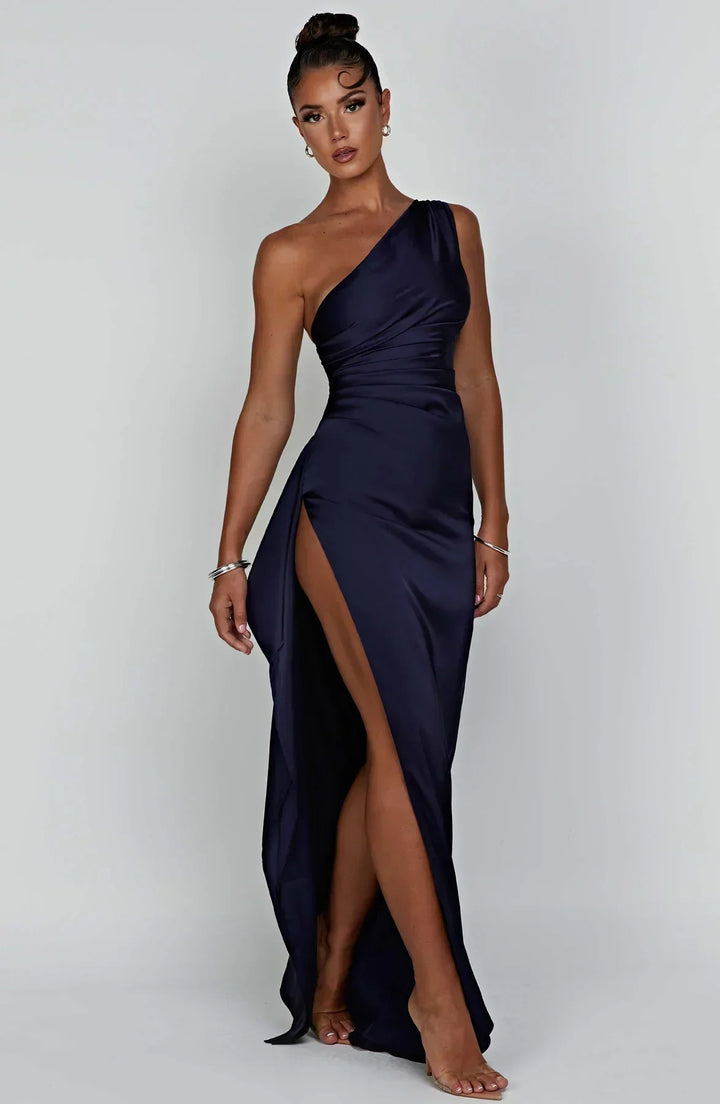 Stylish Satin Dress with Pleats and Shoulder Detail - Selene-Red-XS-The Livary