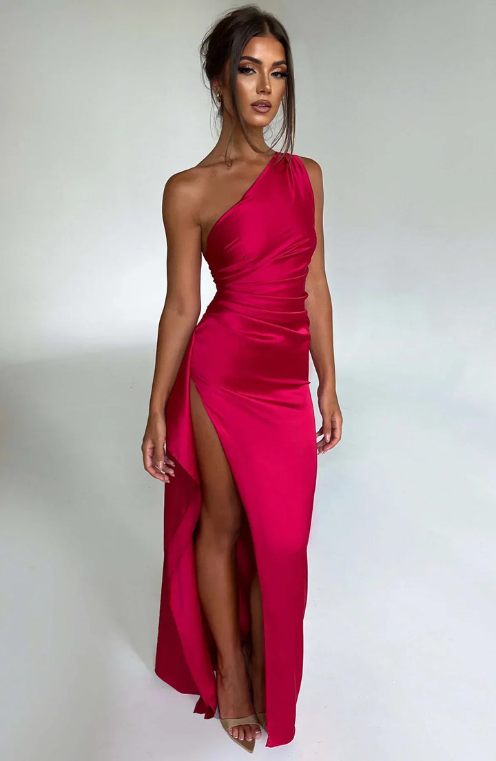 Stylish Satin Dress with Pleats and Shoulder Detail - Selene-Red-XS-The Livary